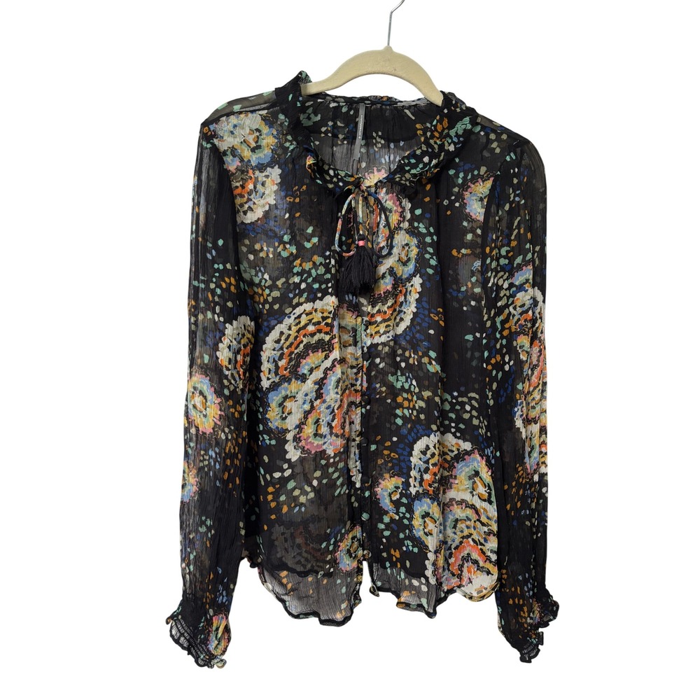 Anthropologie Black Multi Paisley Sheer Cupro Ruffle Blouse Tassel Tie Top